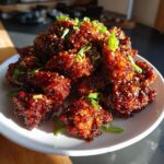 A mound of glossy, dark red Korean fried chicken pieces topped with sesame seeds and green onions.
