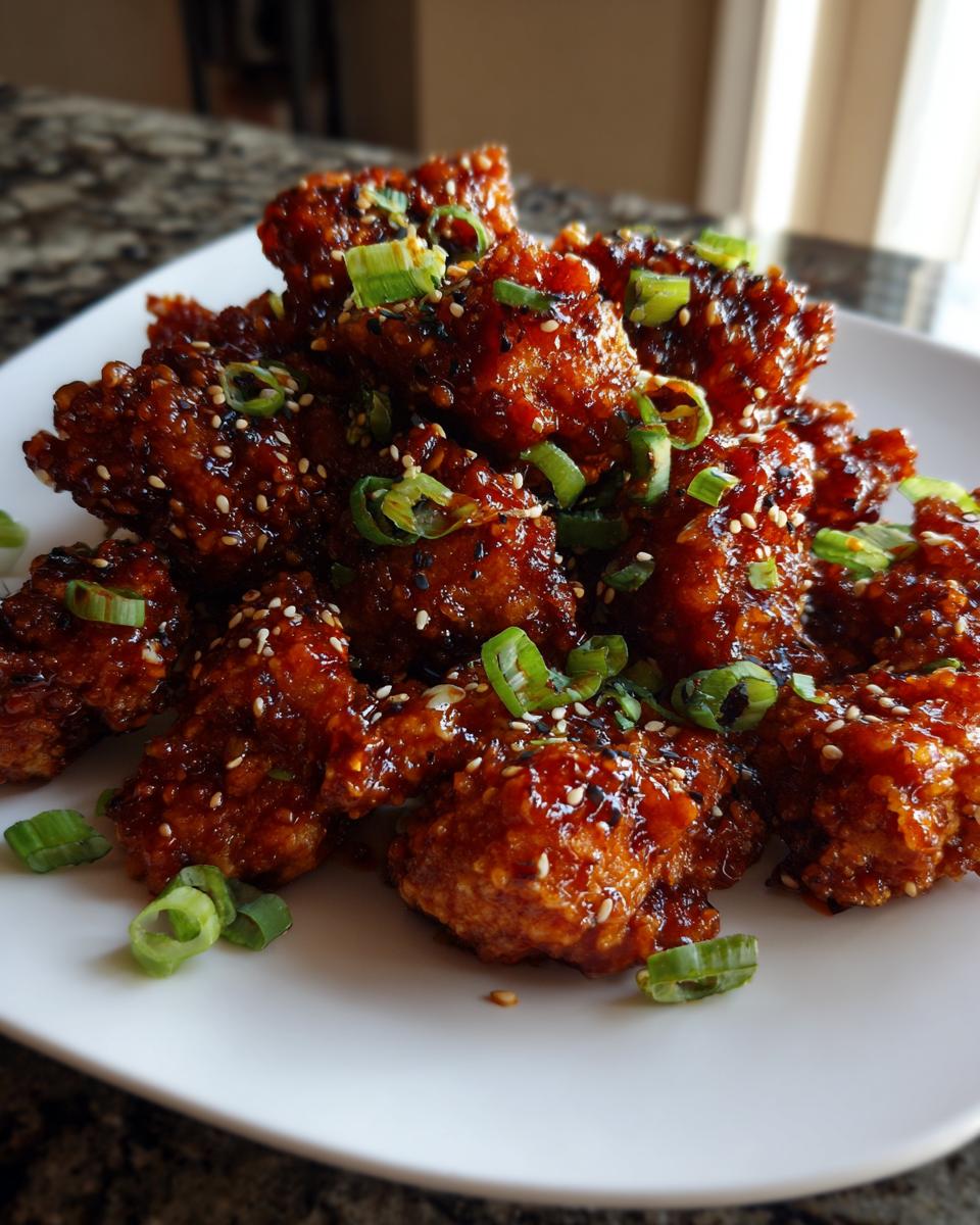 A plate piled high with glossy, saucy Korean fried chicken pieces, garnished with green onions and sesame seeds.