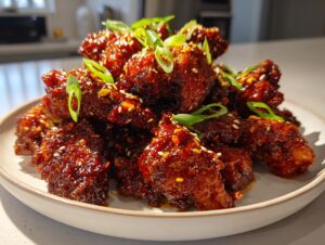 A pile of glossy, dark red Korean fried chicken pieces garnished with sesame seeds and sliced green onions.