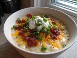A close-up of a bowl of creamy loaded baked potato soup topped with sour cream, cheddar cheese, bacon bits, and green onions.