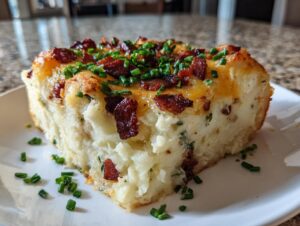 A thick slice of creamy potato casserole topped with melted cheese, crispy bacon bits, and fresh green chives.