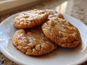 Four soft maple brown sugar cookies stacked slightly on a white plate, drizzled generously with caramel sauce.