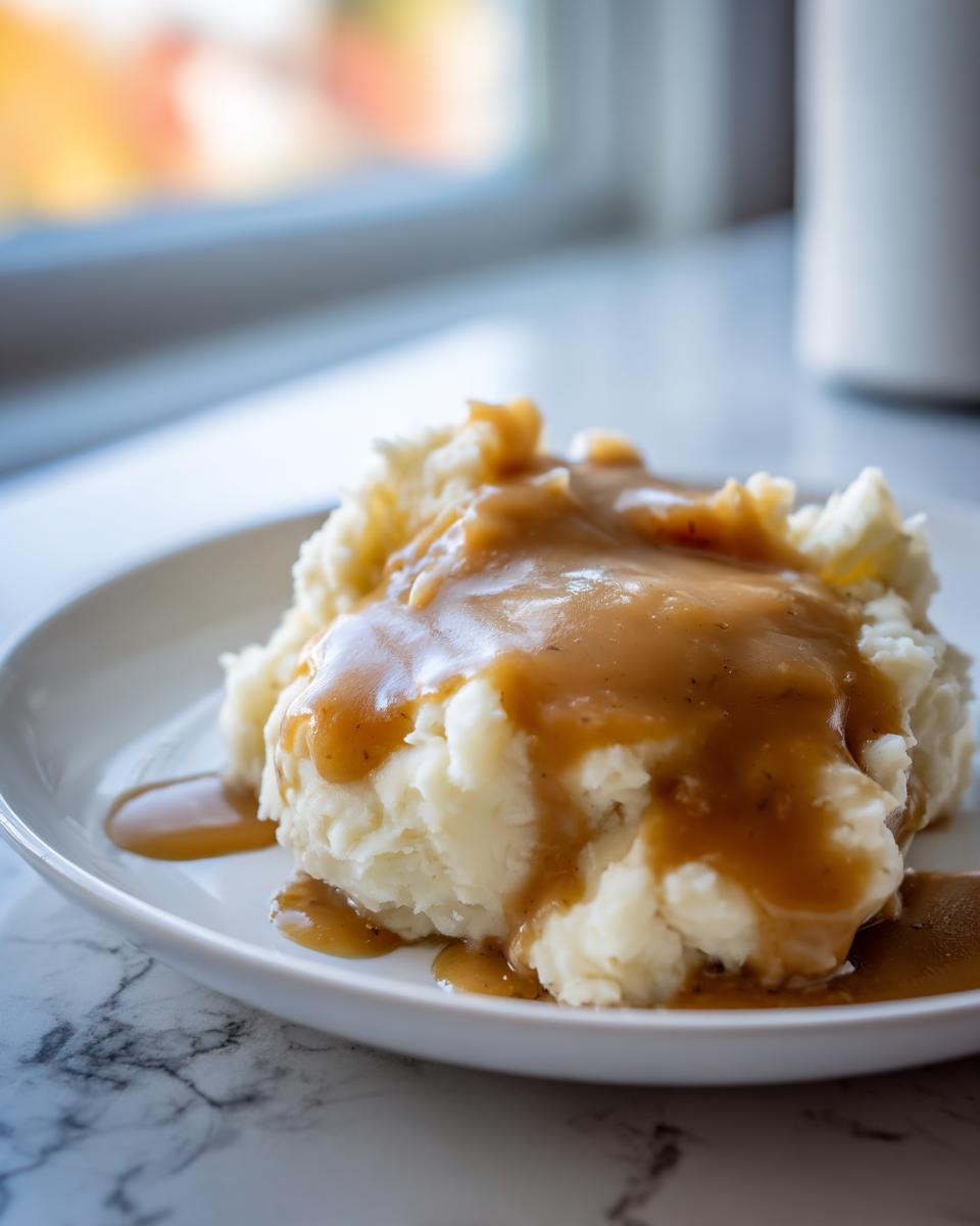 A serving of fluffy mashed potatoes generously covered with smooth, brown chicken gravy on a white plate.