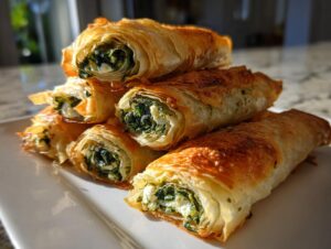 A stack of golden, flaky Mediterranean Spinach and Feta Cheese Crisps on a white plate.