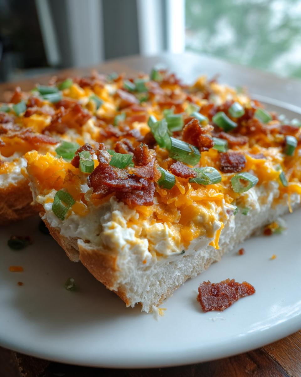 Close-up of a slice of bread topped with creamy million dollar dip, shredded cheddar, bacon bits, and green onions.