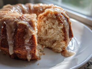 A slice taken from a moist apple bundt cake, drizzled with a thick, light brown glaze, sitting on a white plate.