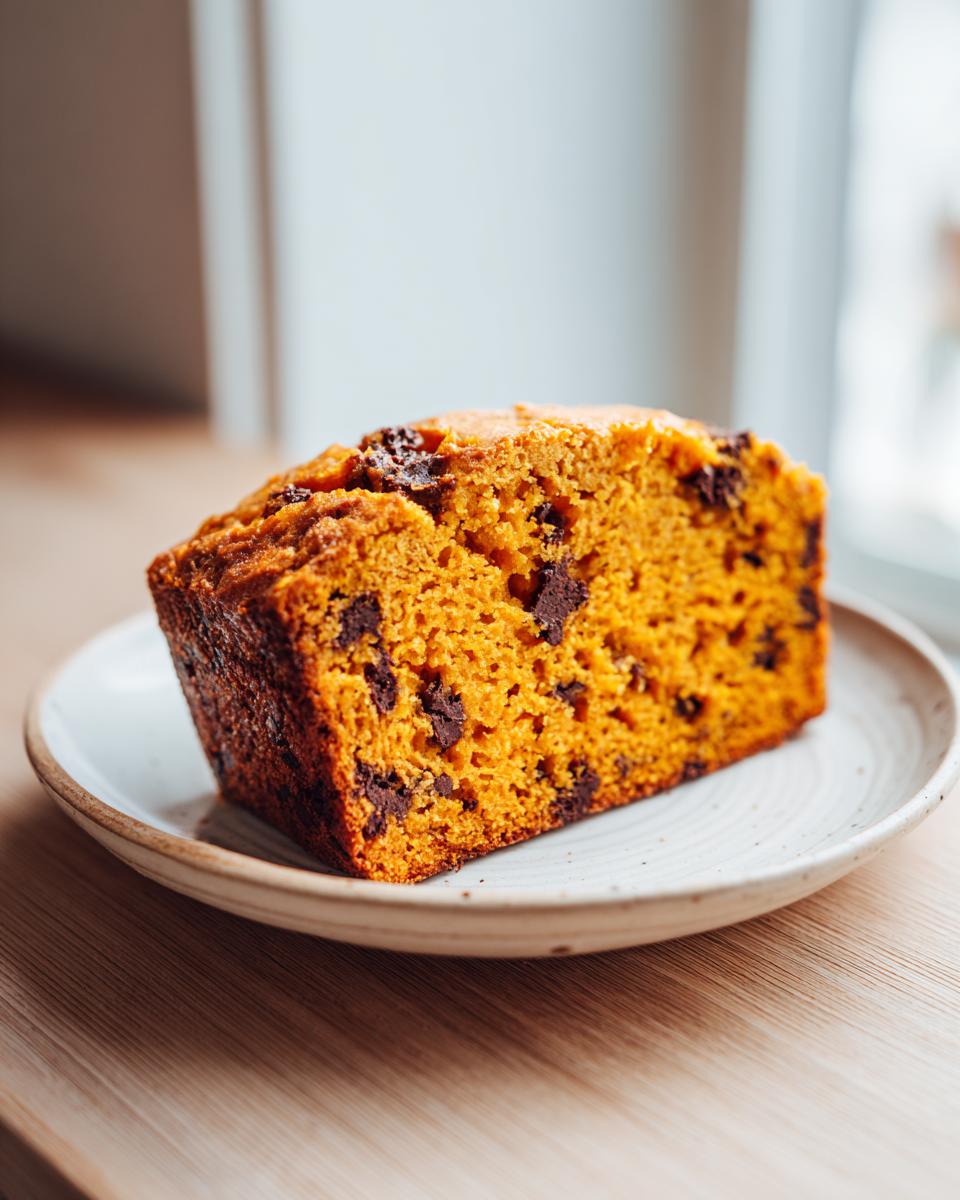 Close-up of a moist slice of chocolate chip pumpkin bread on a speckled ceramic plate.