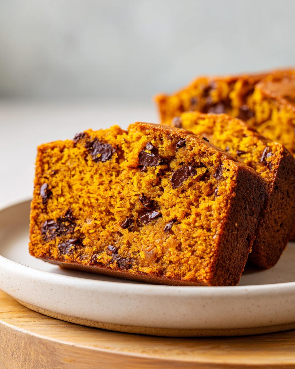 Close-up of moist, orange-colored pumpkin bread slices studded with chocolate chips on a light plate.