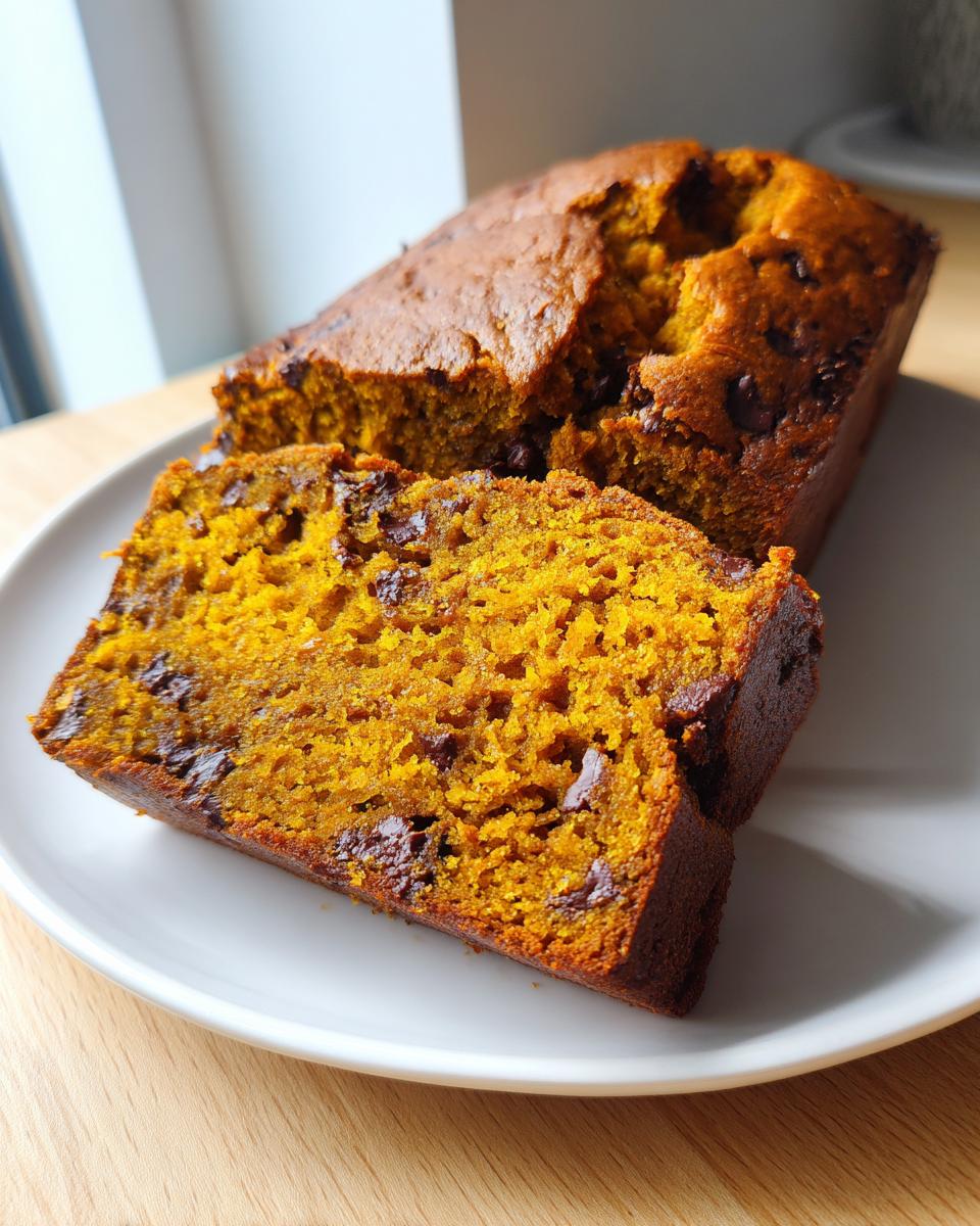 Close-up of moist chocolate chip pumpkin bread, with one slice cut and resting against the loaf.