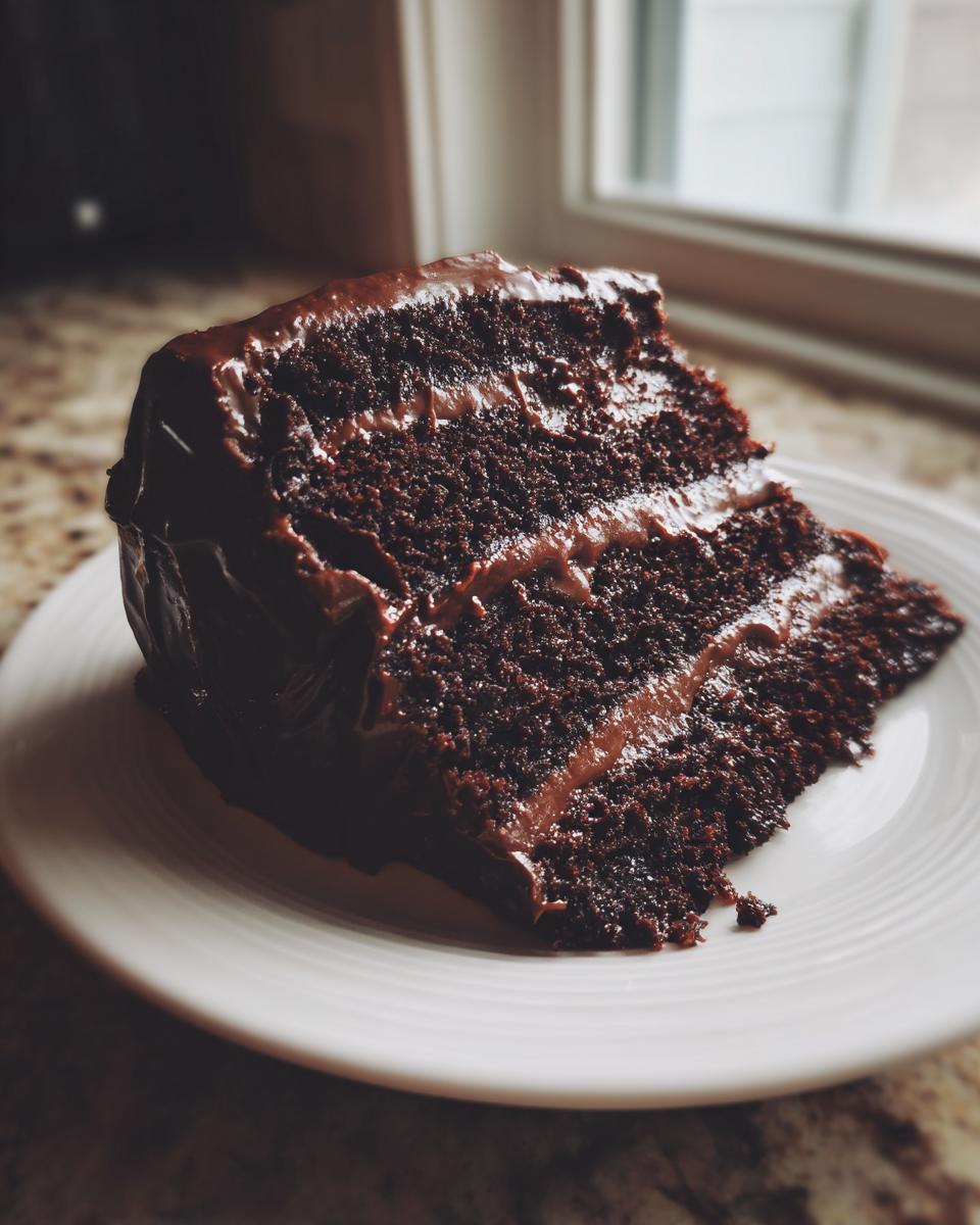 A decadent slice of moist chocolate fudge cake with thick layers of frosting served on a white plate.
