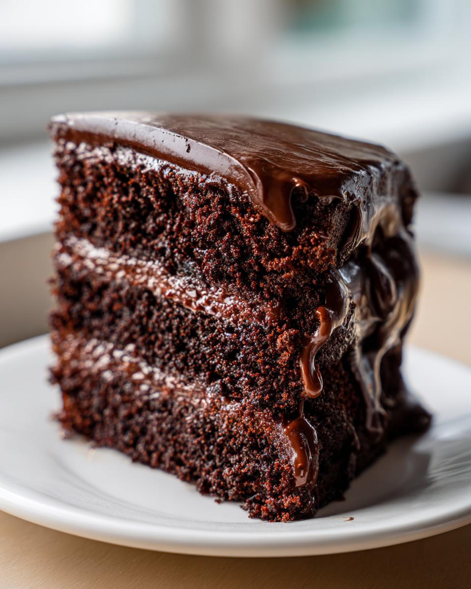 Close-up of a rich, moist slice of chocolate fudge cake layered with frosting and topped with dripping chocolate ganache.