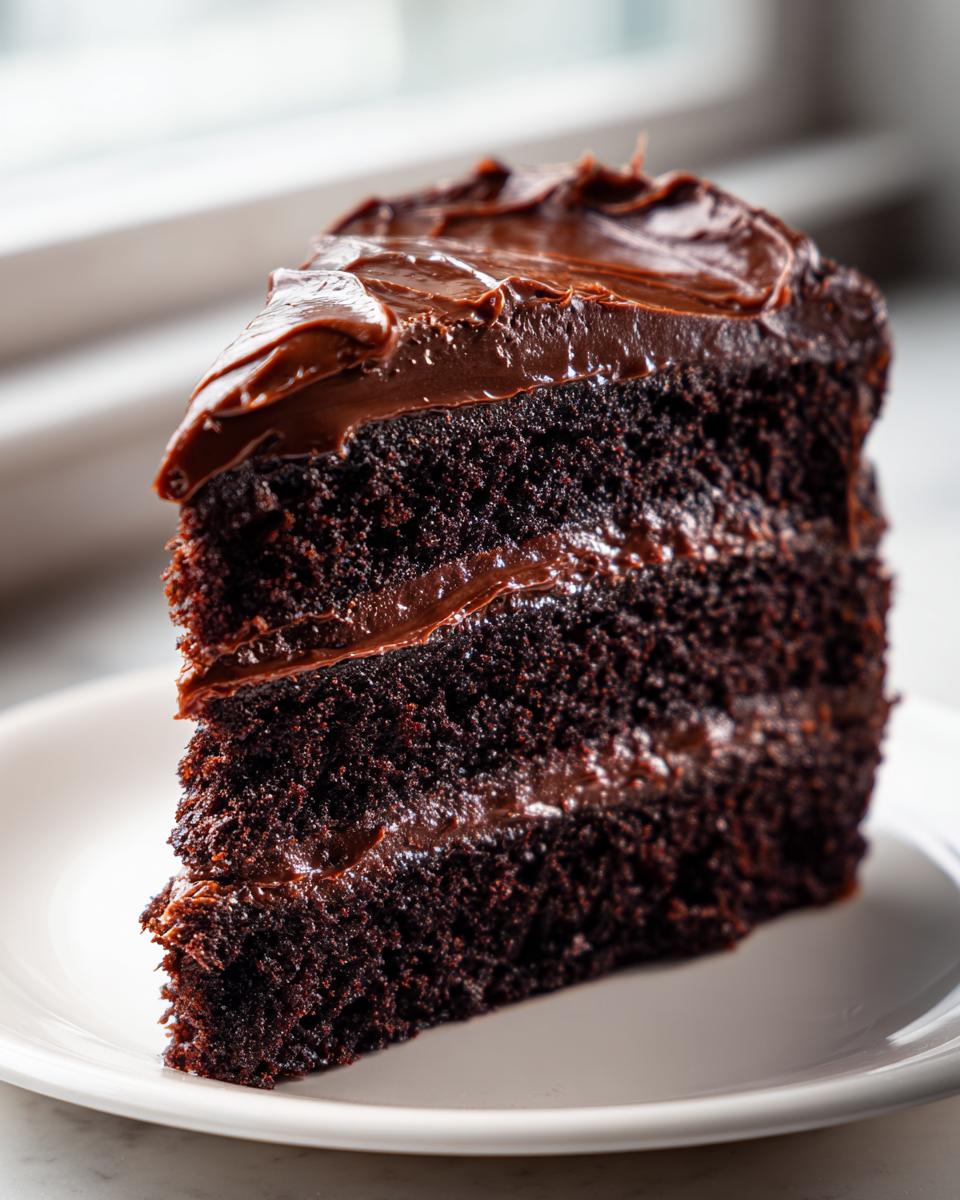 Close-up of a rich, moist slice of three-layer chocolate fudge cake with thick chocolate frosting.