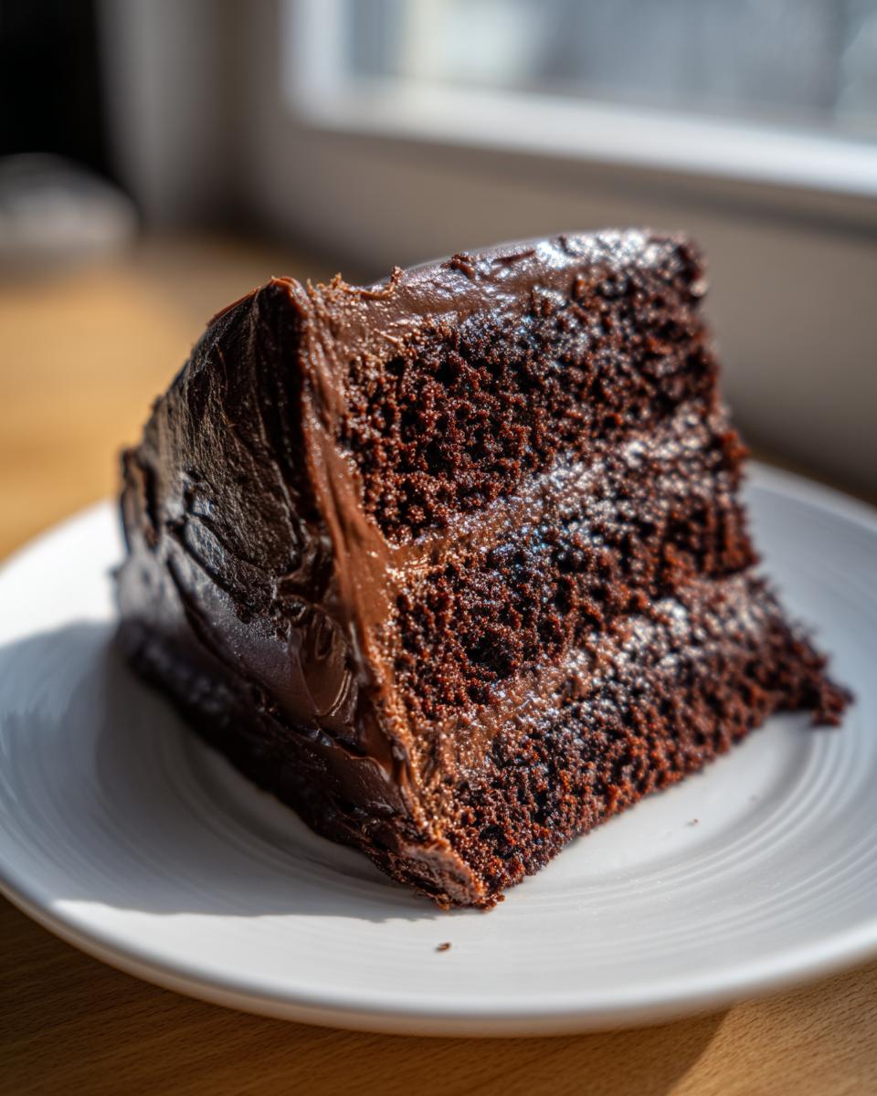 Close-up of a moist slice of chocolate fudge cake covered in rich, glossy chocolate frosting, sitting on a white plate.