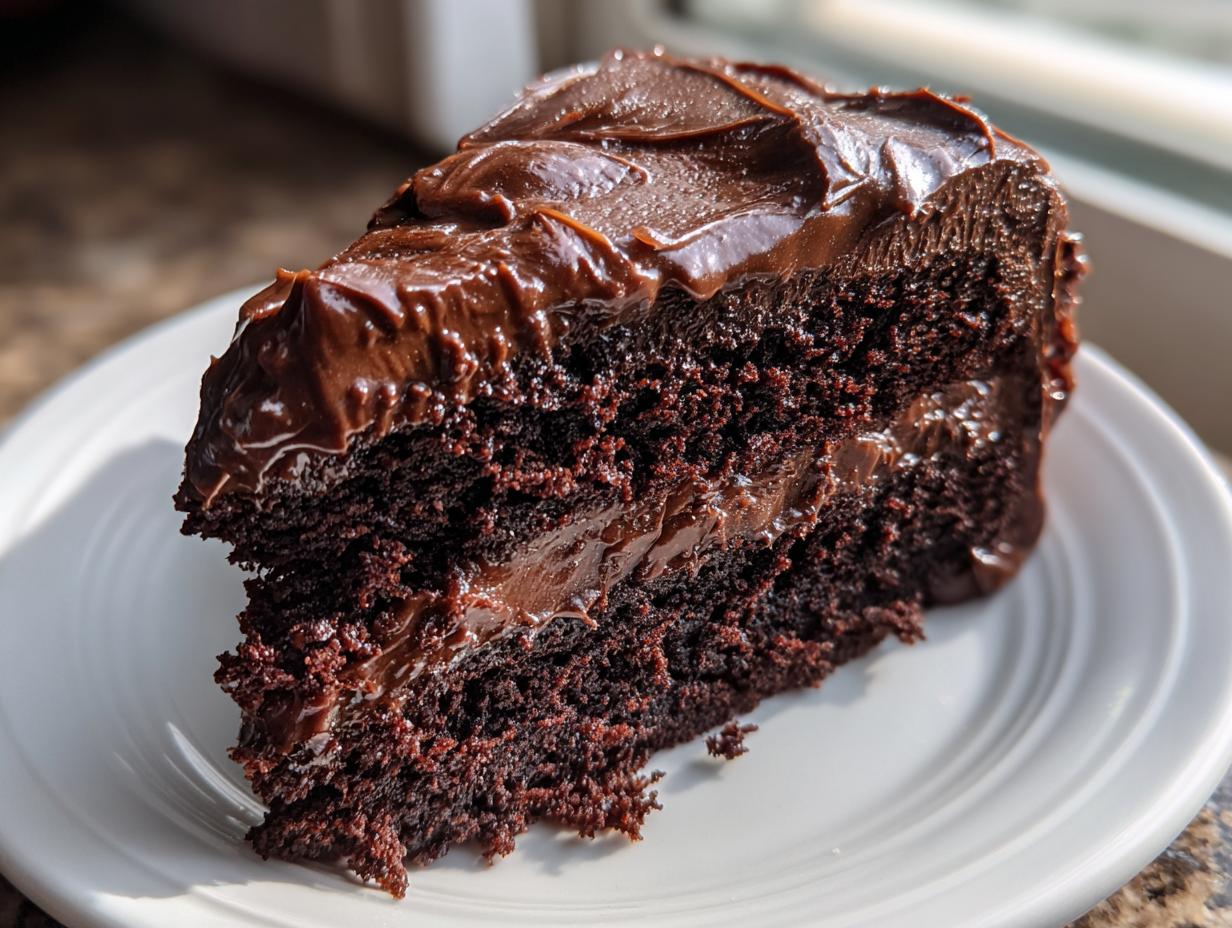 Close-up of a rich, moist slice of chocolate fudge cake layered with thick, glossy chocolate frosting.