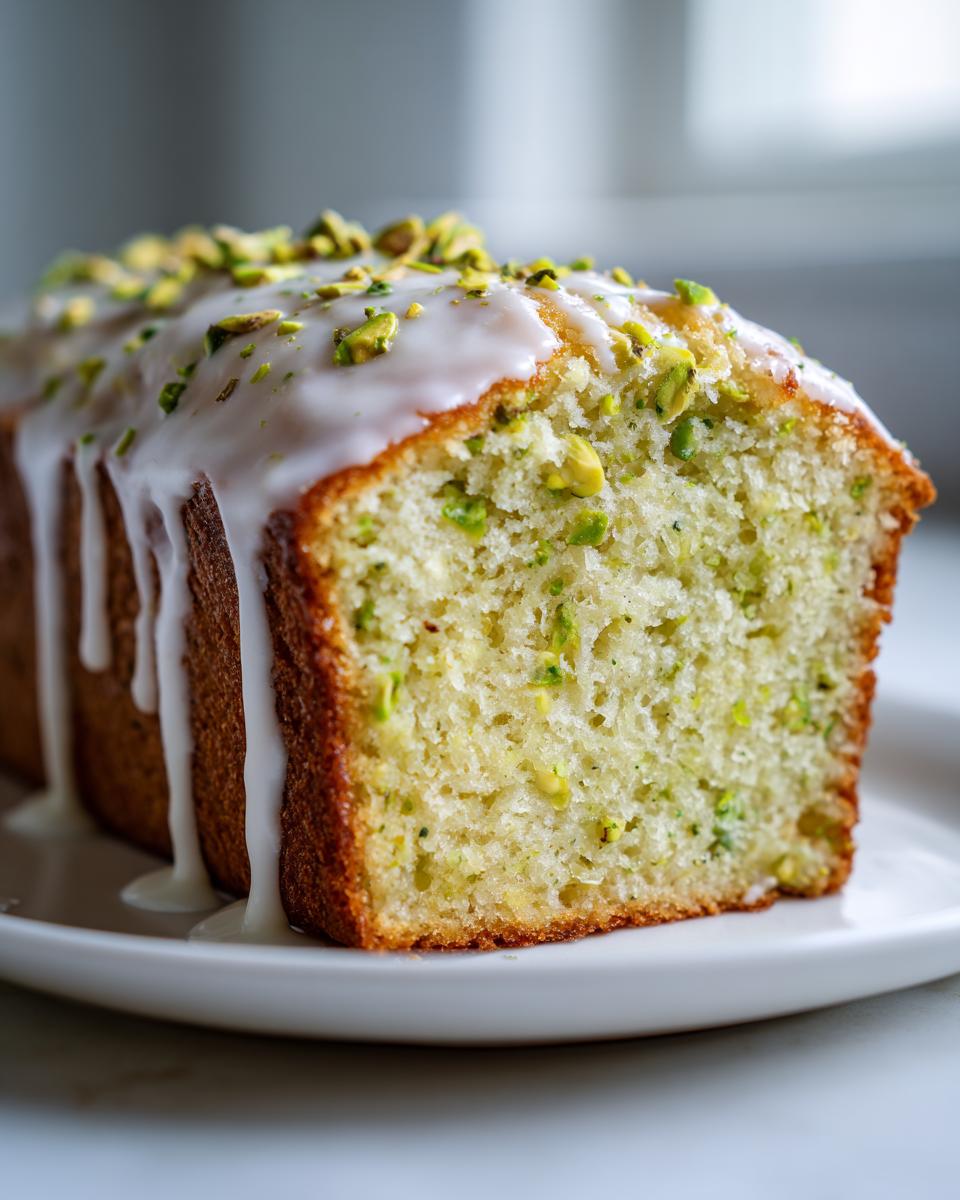 Close-up of a slice of moist pistachio bread topped with white glaze and chopped pistachios.