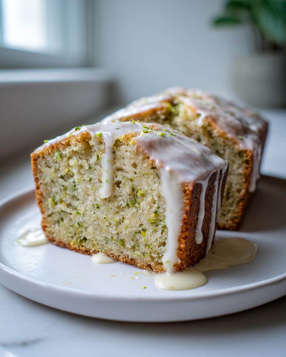A thick slice of moist pistachio bread topped with a generous vanilla glaze, served on a light plate.