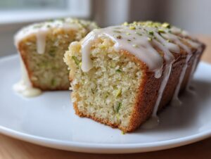 Close-up of two slices of moist pistachio bread topped with white glaze and chopped pistachios.