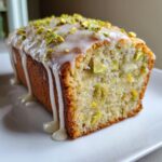 A close-up of a slice of moist pistachio bread topped with white glaze and chopped pistachios.