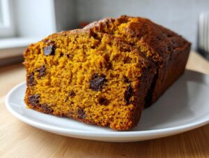 Close-up of two slices of moist pumpkin bread studded with chocolate chips, resting on a white plate.