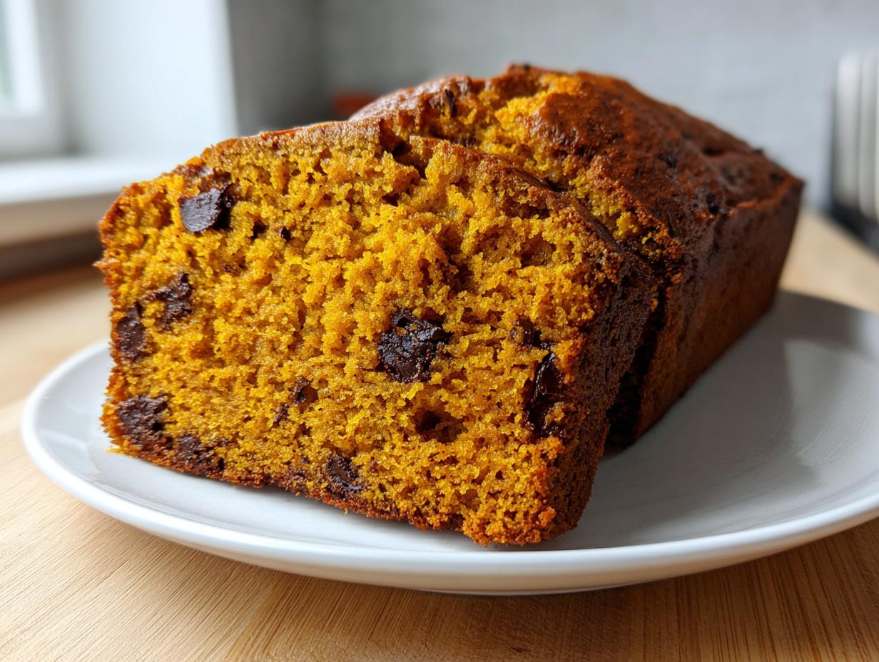 Close-up of two slices of moist pumpkin bread studded with chocolate chips, resting on a white plate.