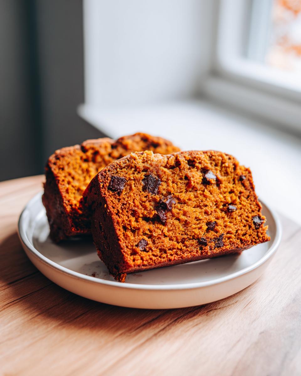 Two thick slices of moist pumpkin bread studded with chocolate chips, resting on a small white plate.