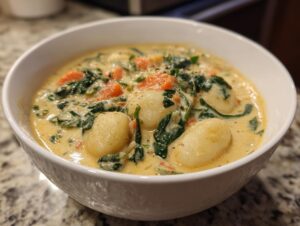 Close-up of creamy Olive Garden Chicken Gnocchi Soup featuring plump gnocchi, spinach, and carrots in a white bowl.