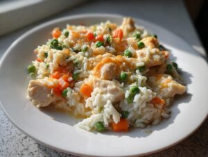A close-up of a serving of one pot chicken and rice mixed with bright green peas and diced orange carrots on a white plate.