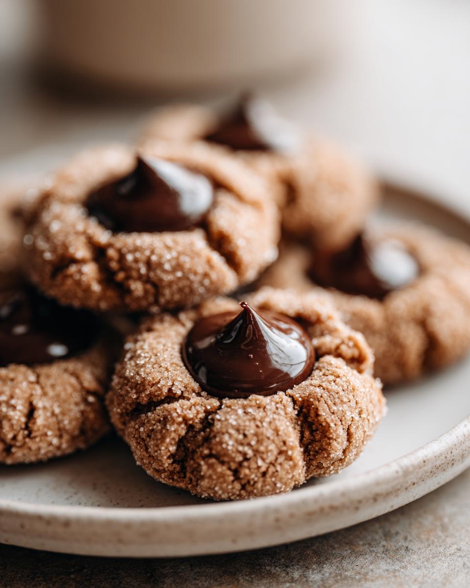 Close-up of several sugar-coated peanut butter blossom cookies topped with a shiny chocolate kiss.