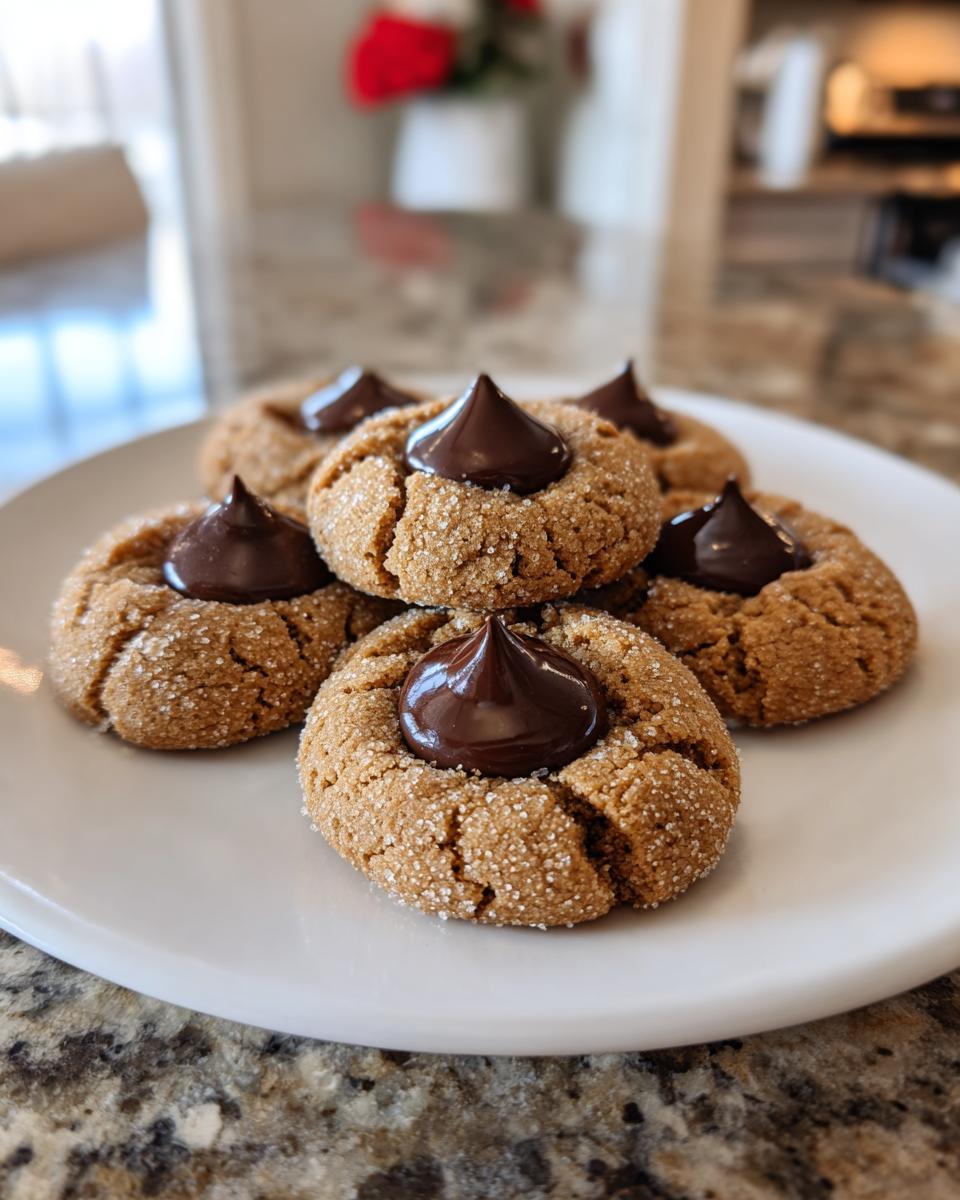 A stack of freshly baked peanut butter blossom cookies coated in sugar, each topped with a melted chocolate kiss.