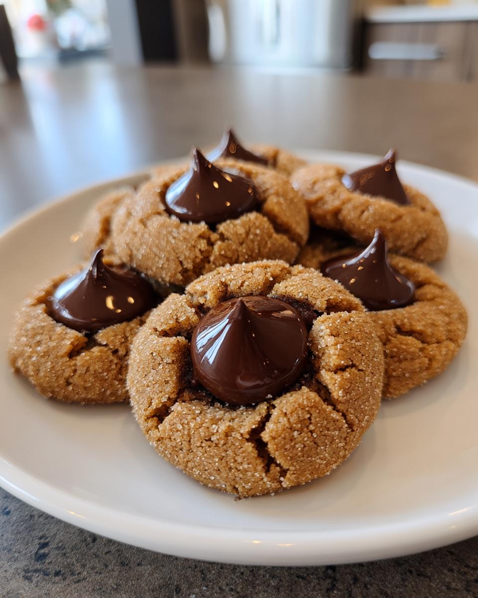 A close-up of several classic peanut butter blossom cookies, coated in sugar and topped with a melted chocolate kiss.
