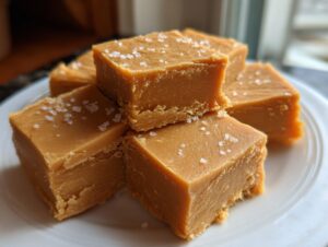 A stack of rich, brown squares of homemade penuche fudge topped with flaky sea salt on a white plate.
