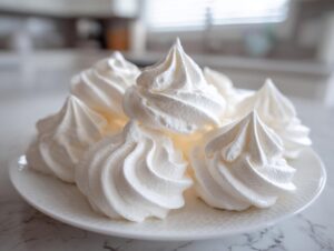 A close-up of several perfectly piped, bright white meringue cookies stacked on a white textured plate.