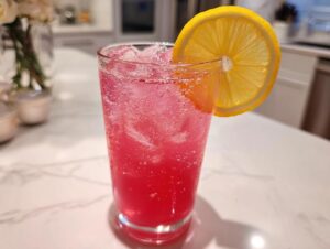 A tall glass filled with bubbly, bright pink lemonade and ice, garnished with a fresh lemon slice.