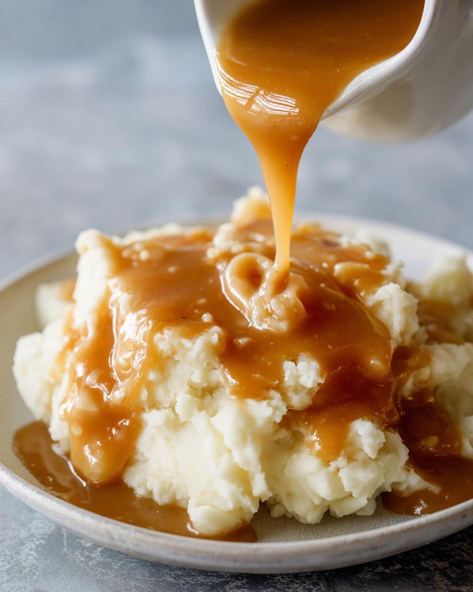 Thick, rich chicken gravy being poured from a white pitcher onto a mound of fluffy mashed potatoes.