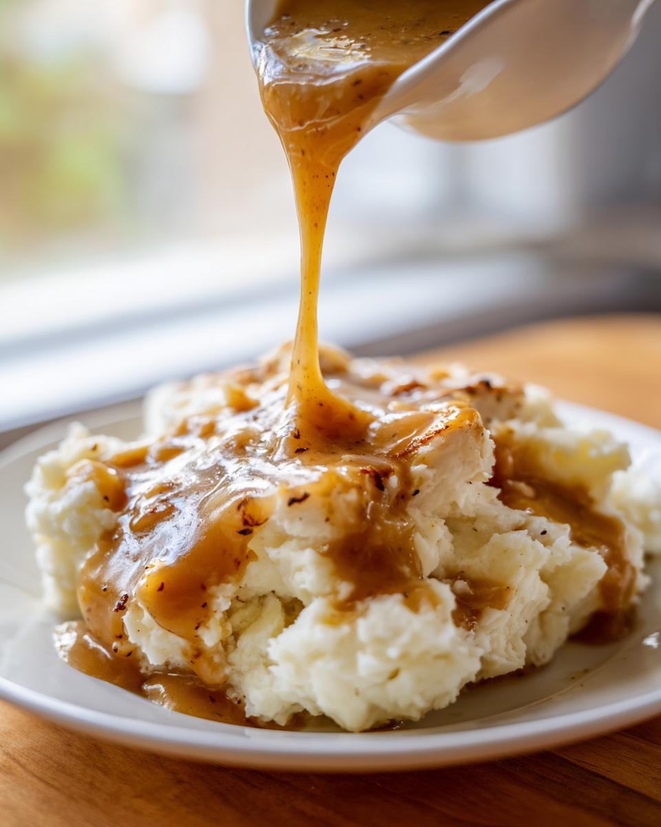 Close-up of rich, brown chicken gravy being poured from a white boat onto fluffy mashed potatoes.