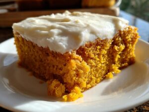 A moist, square slice of pumpkin bars with thick cream cheese frosting sitting on a white plate.