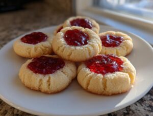 Five golden thumbprint cookies filled with glistening red raspberry jam, resting on a white plate.