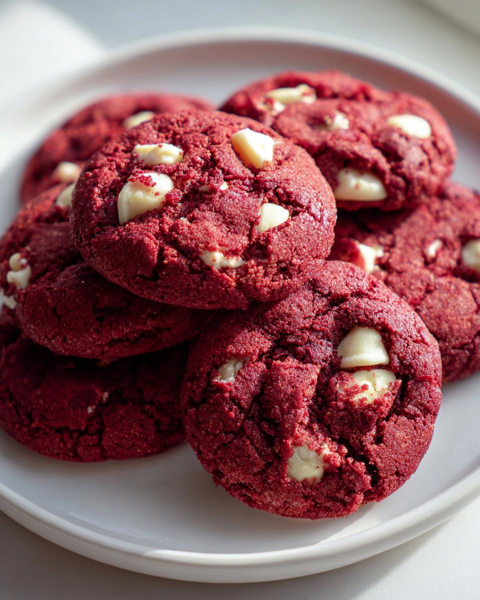 A close-up stack of vibrant red velvet cake mix cookies studded with white chocolate chips resting on a white plate.
