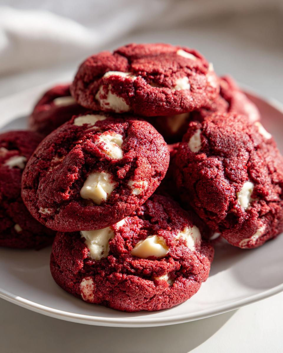 A close-up stack of rich, red velvet cake mix cookies studded with white chocolate chips on a white plate.