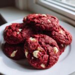 A stack of vibrant red velvet cake mix cookies studded with white chocolate chips, resting on a white plate near a window.