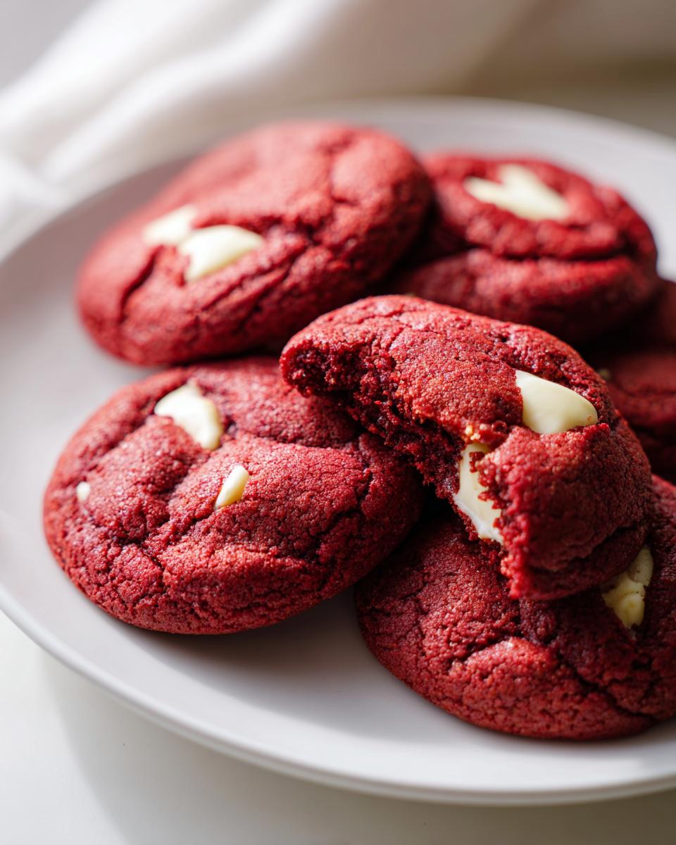 Close-up of soft, chewy red velvet cake mix cookies studded with white chocolate chips, one cookie broken open.