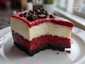 A perfect slice of layered red velvet cheesecake topped with red glaze and cookie crumbs.