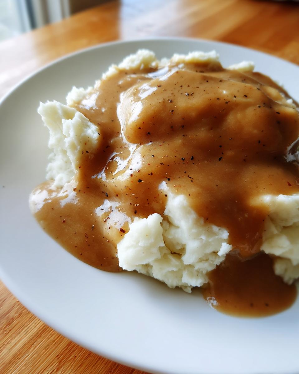 Close-up of creamy mashed potatoes smothered in rich, brown chicken gravy and sprinkled with black pepper.