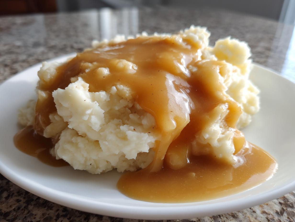 Close-up of creamy mashed potatoes generously topped with smooth, brown chicken gravy.