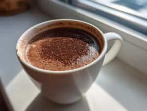 Close-up of a white mug filled with rich hot cocoa mix, dusted with cocoa powder, sitting in sunlight.
