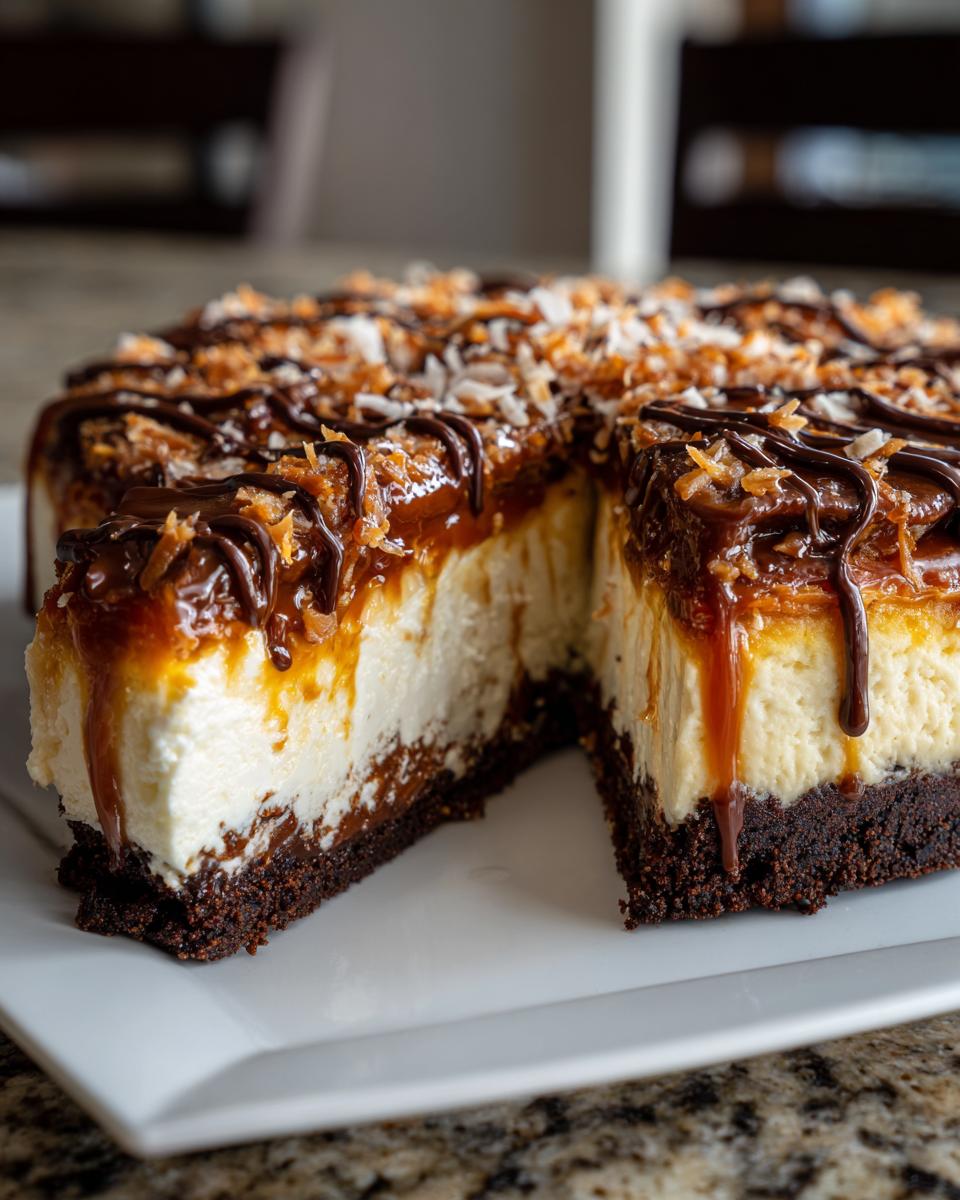 A rich slice removed from an Amazing Samoa Cheesecake, showing the thick cream cheese layer, chocolate crust, and caramel topping with toasted coconut.