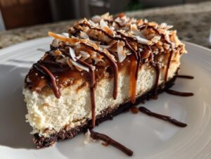 A decadent slice of Samoa Cheesecake featuring a thick crust, creamy filling, caramel, chocolate drizzle, and toasted coconut.
