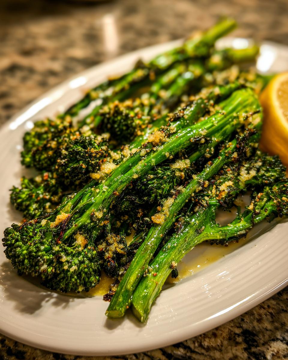 Close-up of bright green, sautéed broccolini topped with garlic and breadcrumbs, served with a lemon wedge.