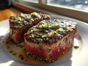 Two thick cuts of seared tuna steak, rare in the center, topped with melted garlic herb butter.