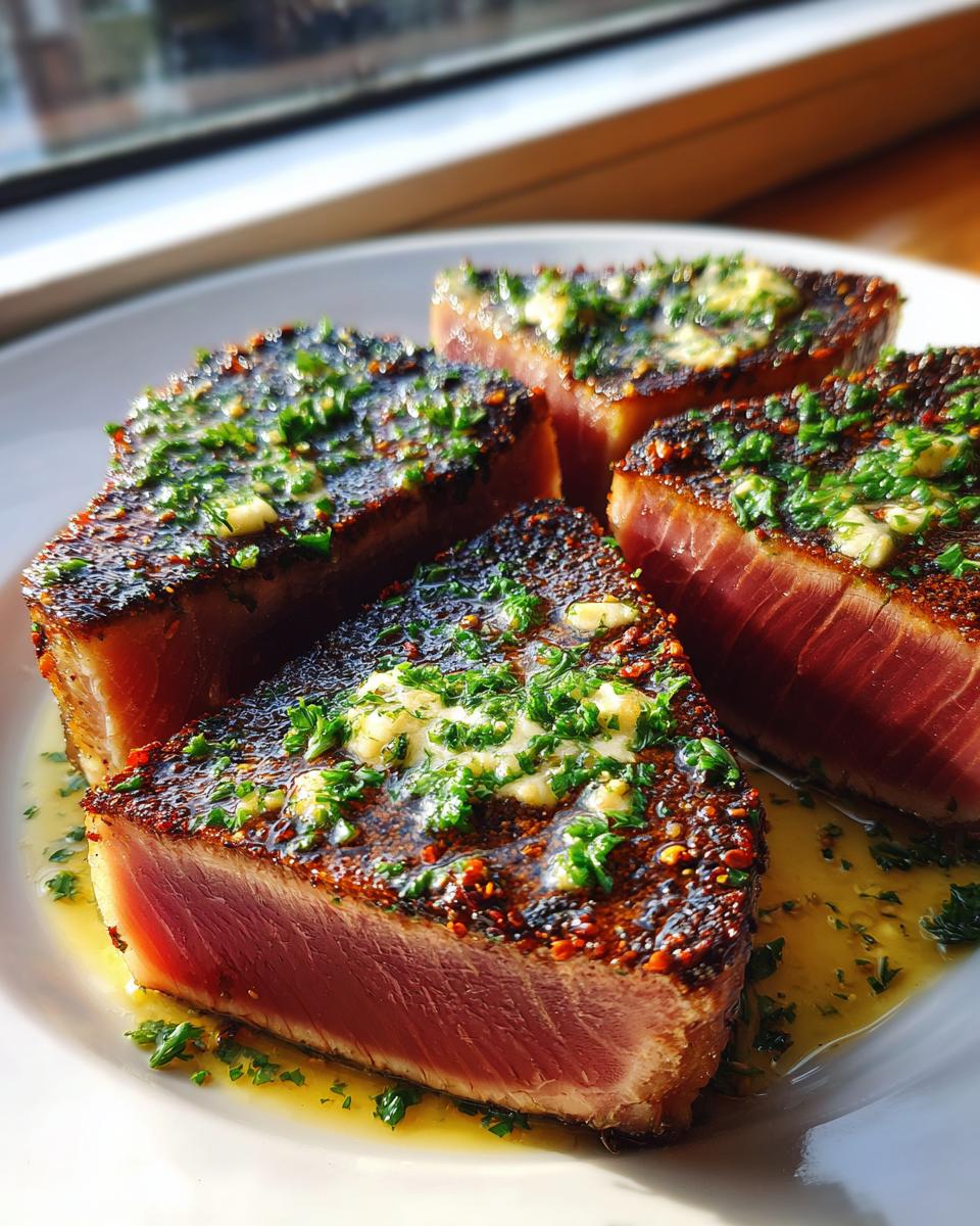 Four thick-cut, perfectly seared tuna steak portions topped with melting butter and fresh parsley.